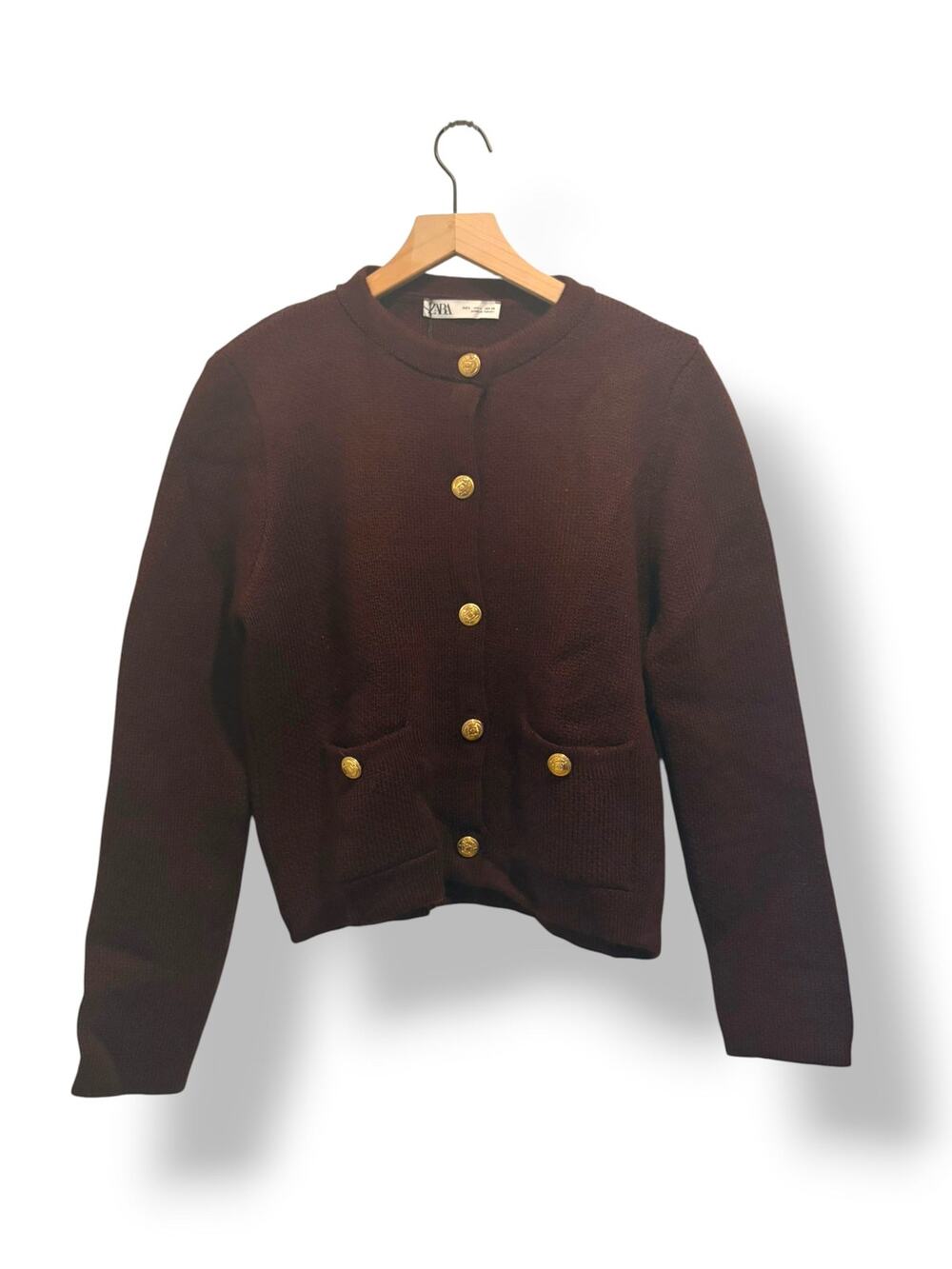 Zara Burgundy Maroon Gold Button Cardigan Sweater Size L NWT Quiet Luxury